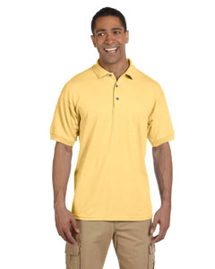 Male model wearing yellow polo shirt.