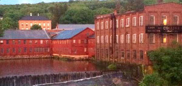View of Axe Factory building from Farmington River, Rt. 179 in Collinsville, CT.